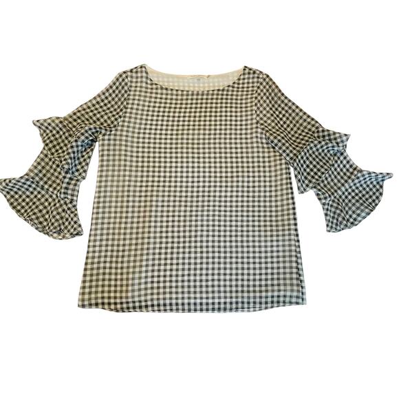 Calvin Klein Black White Gingham Check Chiffon Flare Ruffle Career Blouse Top S - Picture 8 of 10